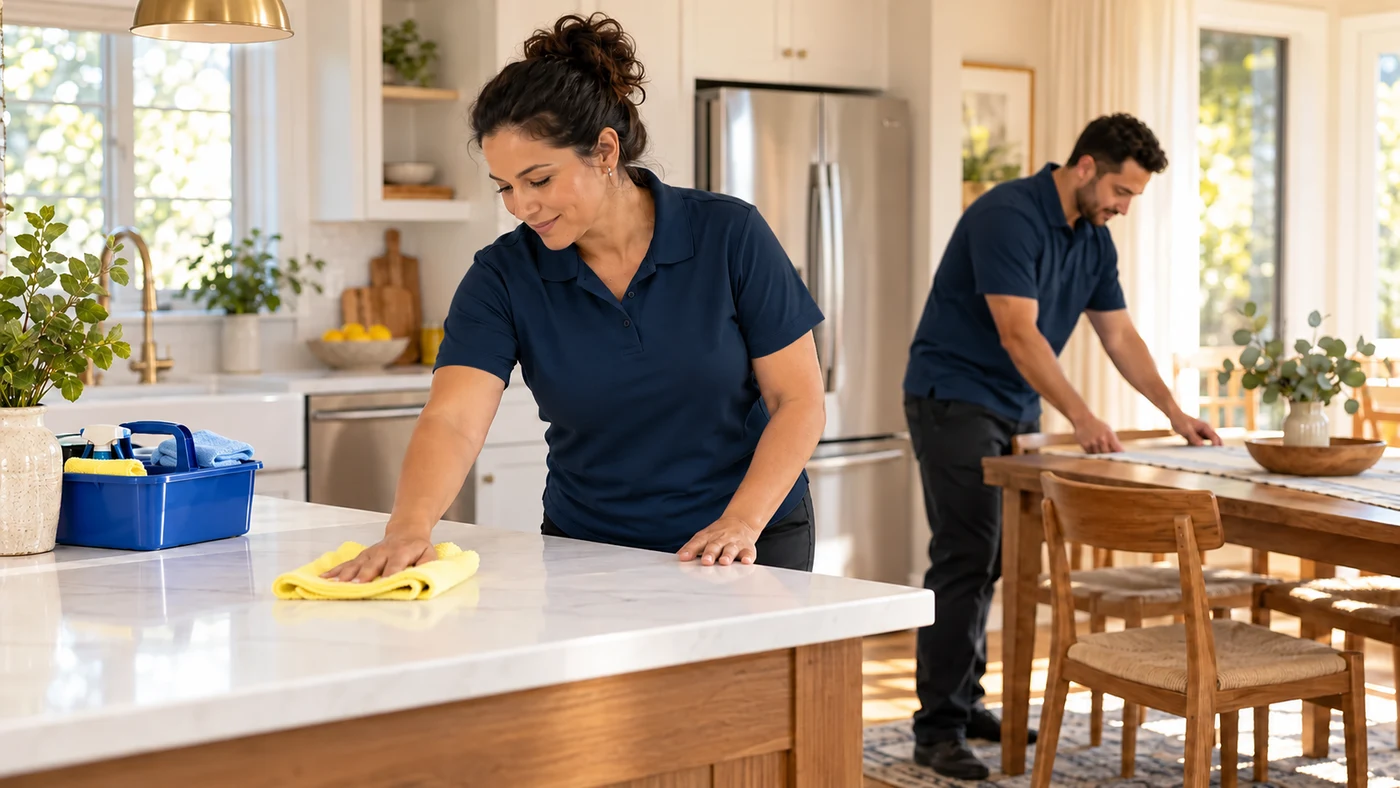 Dos profesionales trabajando juntos en una cocina residencial