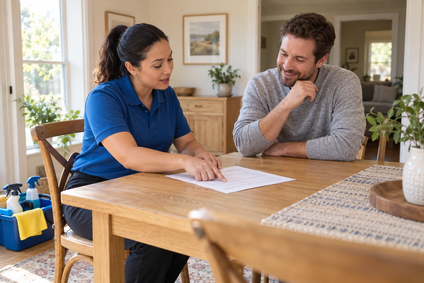 A cleaning business owner reviewing a written estimate with a homeowner at a dining table