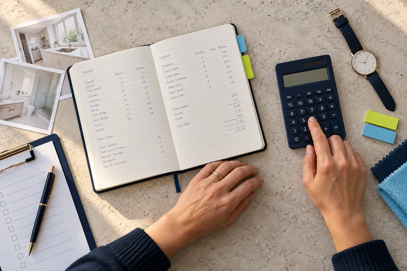 Una persona calcula los costes de un servicio de limpieza junto a un cuaderno de horas