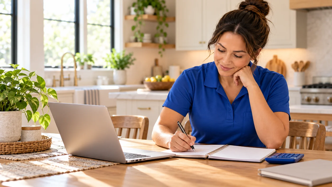A cleaner reviewing costs with a notebook, laptop and calculator