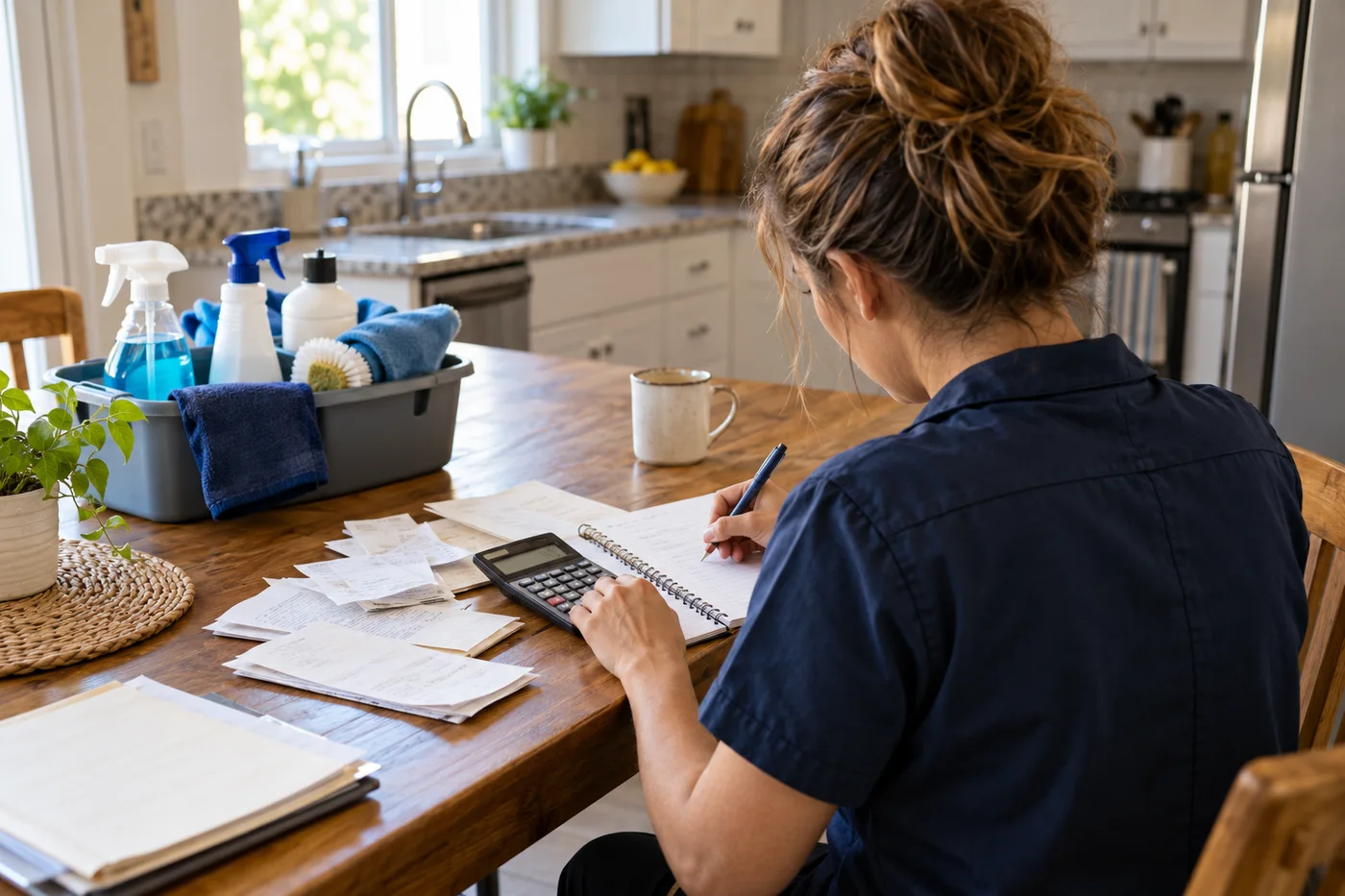 Cleaning business owner reviewing costs at a kitchen table