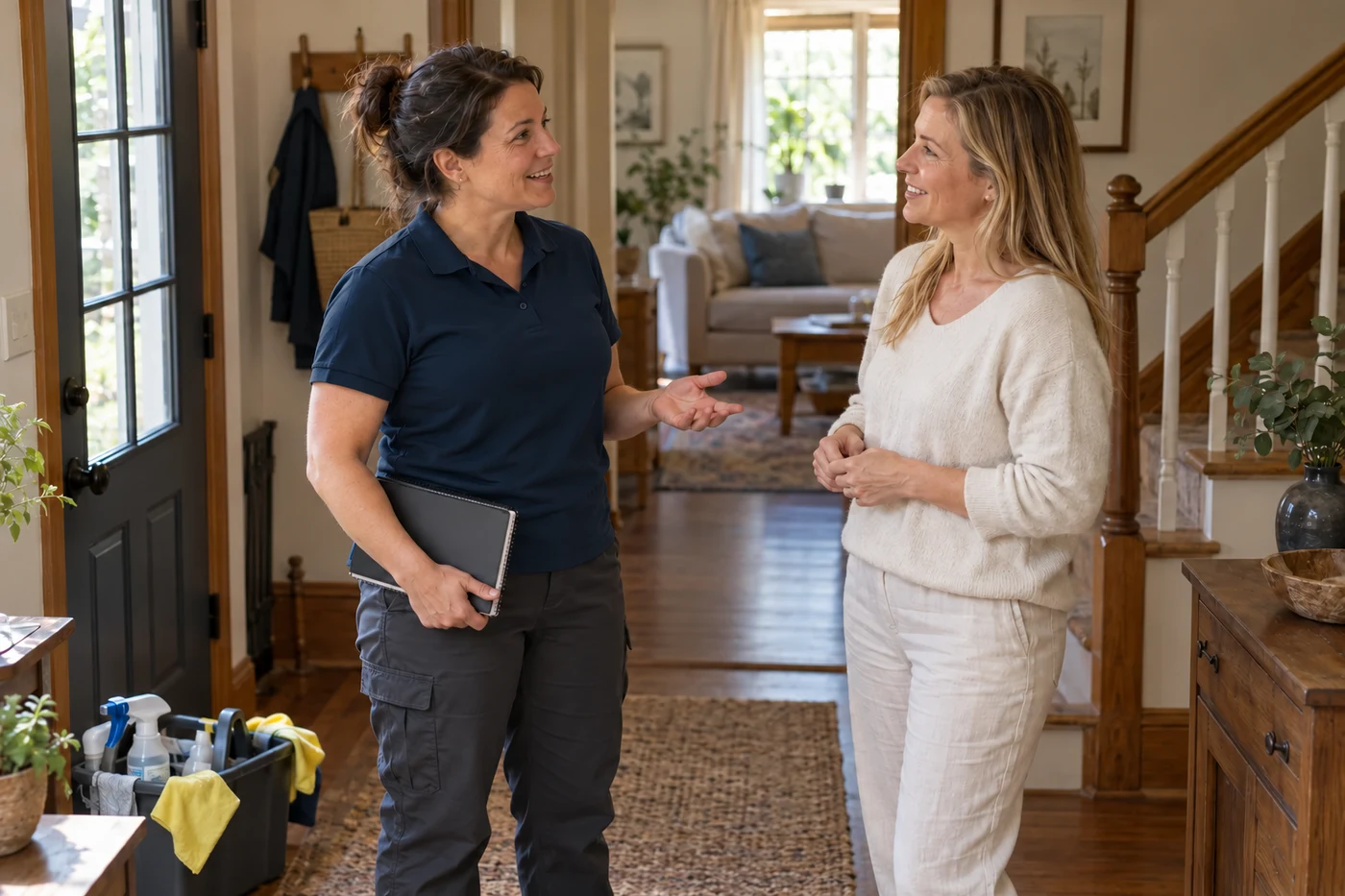 Profesional y cliente comentando el trabajo en la entrada del hogar