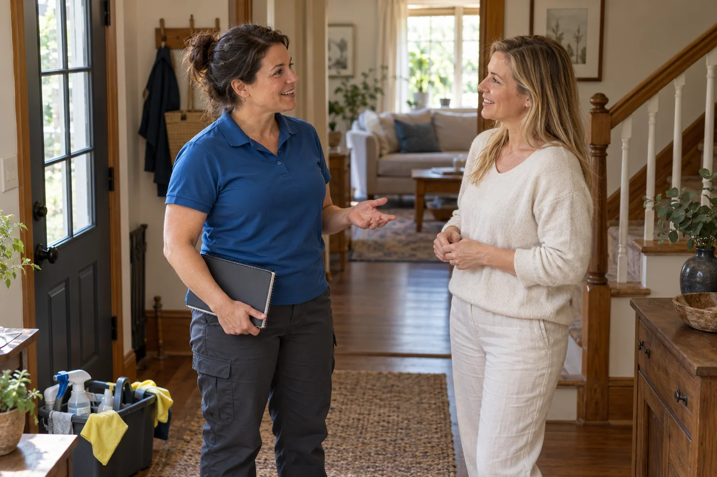 A cleaner and homeowner discussing the work in a comfortable home entryway